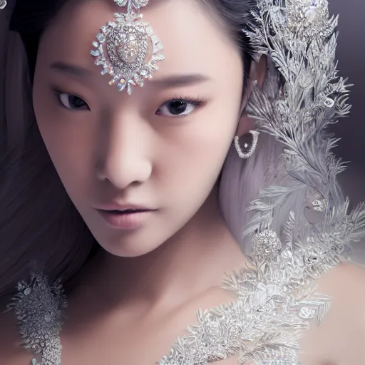 Prompt: portrait of wonderful asian princess of white diamonds with fair skin, white flowers, ornate with white diamonds, 8 k, gorgeous, intricate, detailed, glowing white accent lighting, dramatic lighting, octane render