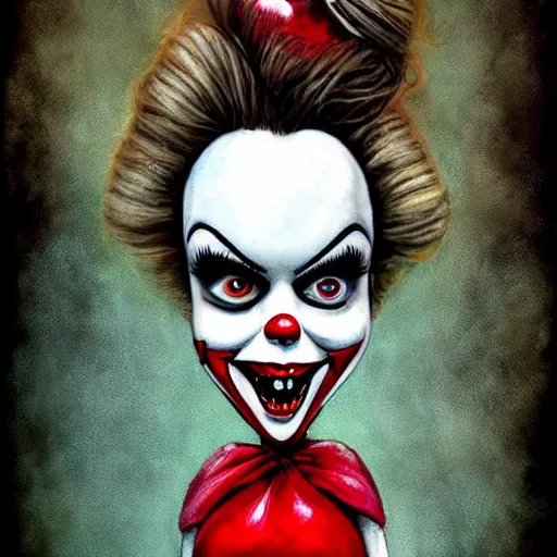 Image similar to grunge cartoon painting of margot robbie with a wide smile and a red balloon by chris leib, loony toons style, pennywise style, corpse bride style, horror theme, detailed, elegant, intricate