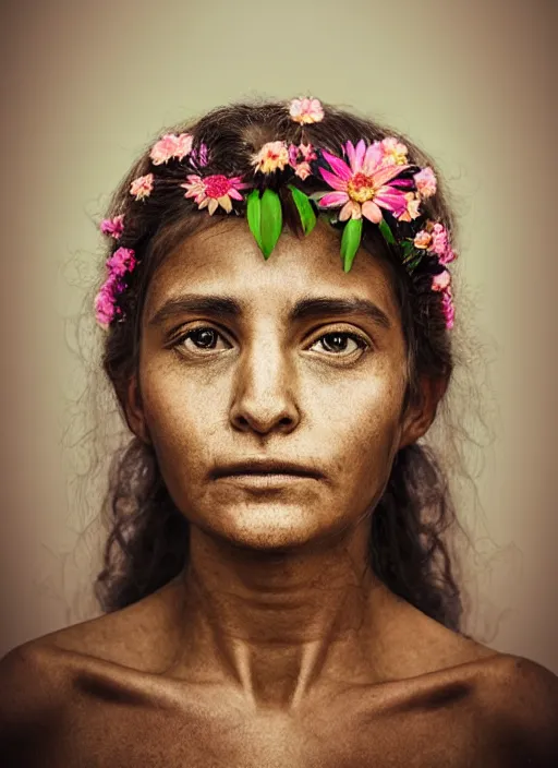 Prompt: portrait of a 1 0 0 0 0 year old woman, symmetrical face, flowers in her hair, she has the beautiful calm face of her mother, slightly smiling, ambient light