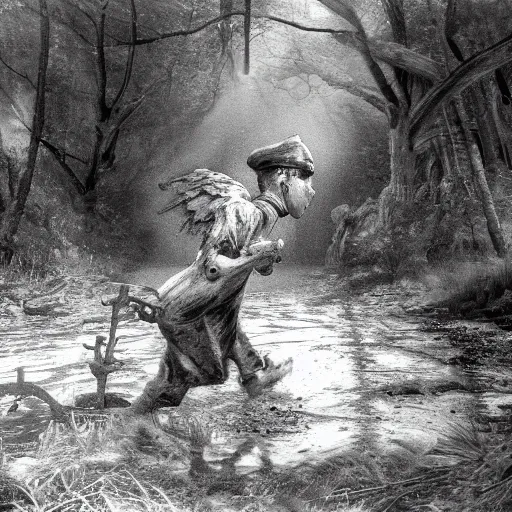 Image similar to a grave digger with remnants of angel wings is chasing a child through a creek in the woods, bad dream, hazy memory, volumetric, dark black and white in the style of alvin schwartz, epic angles