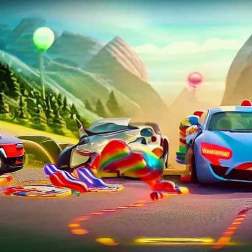 Prompt: high-speed future tech car battle, epic scene, candyland theme, fantasy, 4k