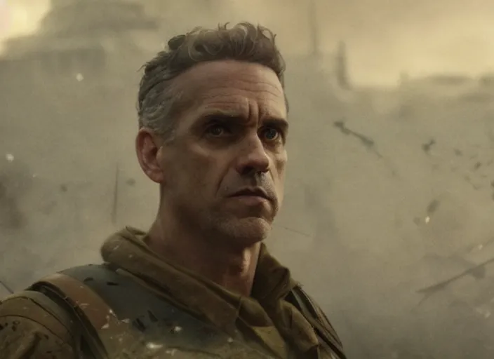 Prompt: close up cinematic artwork of Jordan Peterson staring down the enemy on the battlefield by Greg Rutkowski, 4k, masterpiece