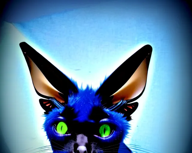 Image similar to a blue - and - black male catbat fursona with blue / green heterochromatic eyes ( differently - colored eyes, one eye green, one eye blue ) and huge bat ears, photo of the catbat streaming on his computer