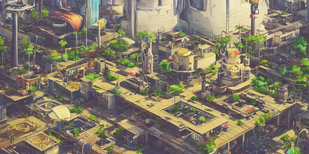 Image similar to overwatch building, stylized, exterior, architecture, watercolor gouache detailed paintings, insanely detail, artstation, 8 k, futuristic, arcane, simon stalenhag, food stall, interesting shapes & form, golden ratio, hard surface, props, decoration and furniture, megastructures, floating city, tree and plants, solarpunk, japanese downtown, utopia, kitbash 3 d