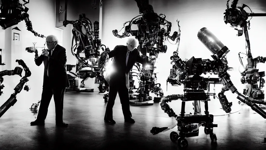 Image similar to bernie sanders putting the finishing touches on a complex magical clockwork doomsday robot, black and white photo, cinematic moody lighting, sharp focus