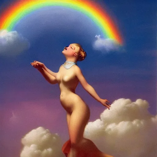 Image similar to a puppy sitting in front of a rainbow that extends to the clouds in heaven, digital art by Gil Elvgren