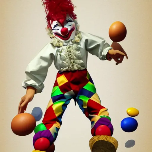 Prompt: A clown with pants made of eggs, trending on artstation