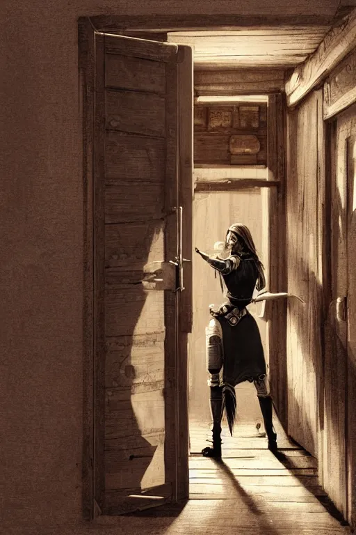 Image similar to an environmental concept art of a female gunslinger, back to camera, standing in the doorway of an open saloon door, old west town, highly detailed, cinematic, dramatic lighting, close shot by francis tneh