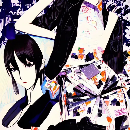 Image similar to girl wearing retro clothing, shigenori soejima and yoji shinakawa and tatsuki fujimoto illustration, heavy lineart, oil on canvas