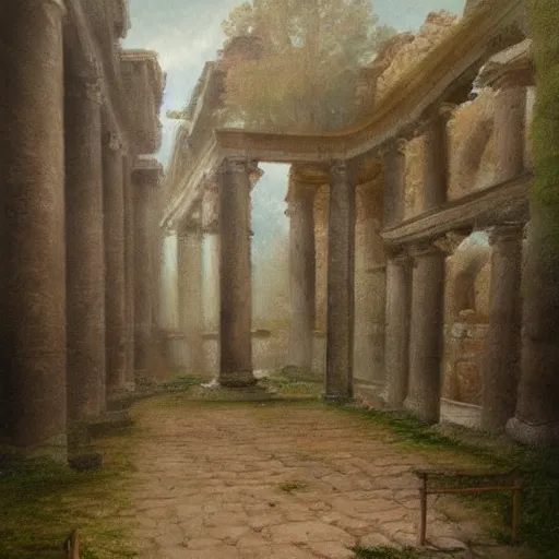 Prompt: a realistic painting hazy misty mythical spirit walking around the ruins of an old roman city in the style of elizabeth jane gardner