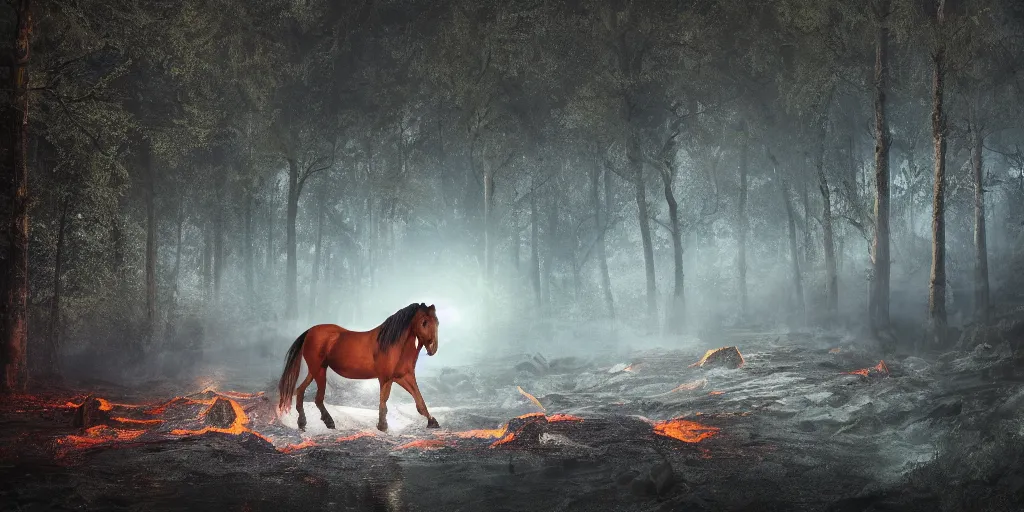 Image similar to a mirror with the shape of a horse drinking in a lava river, in the middle of a forest, in the moonlight, night realism, 4 k, octane render, award winning photograph