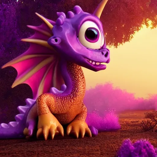 Image similar to adorable baby dragon, the dragon is purple and glittery, big eyes, Pixar CGI, octane render, kawaii