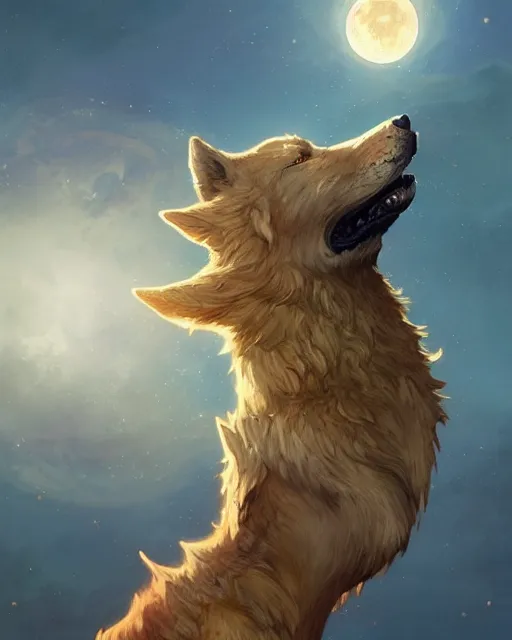 Image similar to '' Illustration of giant gold wolf chasing the moon through the sky, league of legends, LOL, fantasy, d&d, digital painting, artstation, concept art, sharp focus, illustration, art by greg rutkowski and alphonse mucha ''