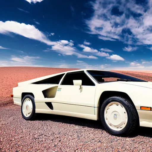 Prompt: a 1 9 8 9 lamborghini countache made completely out of sliced white bread, on a dusty desert road with a vivid sky background, high resolution, detailed