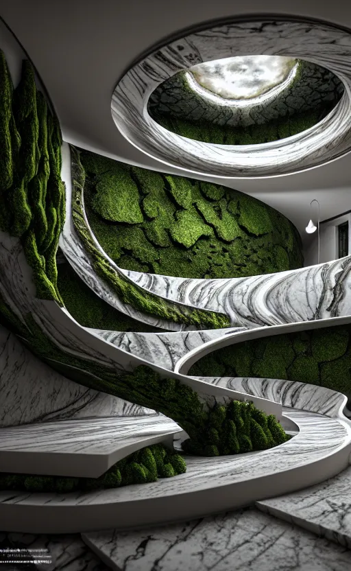 Image similar to highly detailed ultra sharp 3 d render villa interior cinematic composition of a smooth ceramic porcelain biomorphic magnolia stone nebula fluid fractal sci - fi surreal architecture landscape, granite, metallic, magnesium, marble, moss and lichen, vincent callebaut composition, mamou - mani, archviz, beautiful lighting, 8 k, unreal engine, hdr,