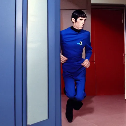 Prompt: photo of mr spock blue uniform exiting the tardis