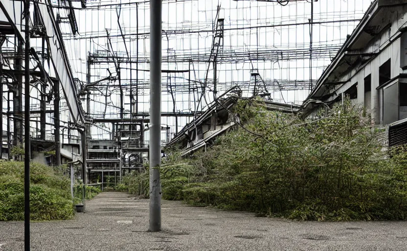 Prompt: industrial buildings surrounded by undergrowth by asano takeji