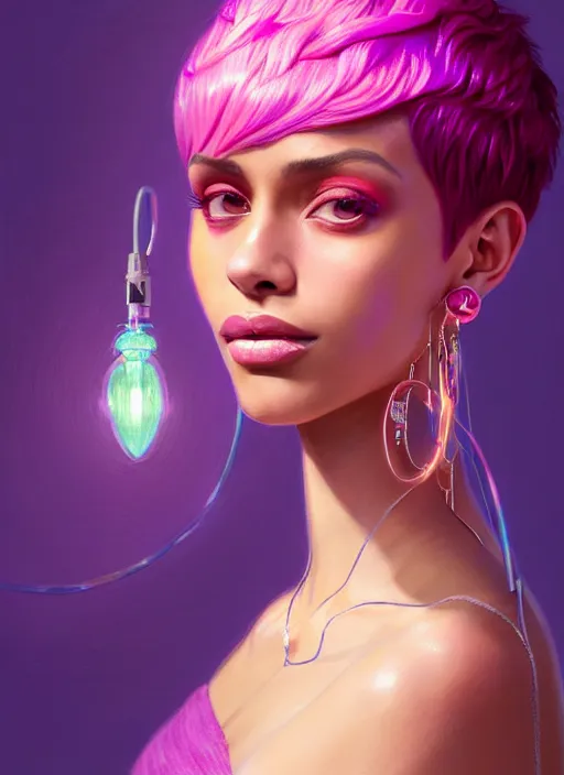 Image similar to portrait of vanessa morgan with bright pink hair, curly pixie cut hair, wearing a purple breton cap, breton cap, hoop earrings, intricate, elegant, glowing lights, highly detailed, digital painting, artstation, concept art, smooth, sharp focus, illustration, art by wlop, mars ravelo and greg rutkowski