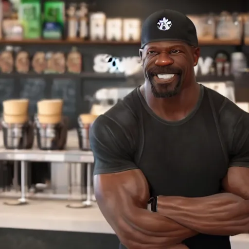 Image similar to Terry Crews working as a barista in a Starbucks, highly detailed, ultra realistic, 8k, render