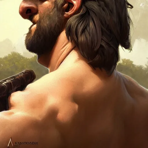 Image similar to back portrait of a rugged ranger, upper body, muscular, hairy, D&D, fantasy, intricate, elegant, highly detailed, digital painting, artstation, concept art, matte, sharp focus, illustration, art by Artgerm and Greg Rutkowski and Alphonse Mucha