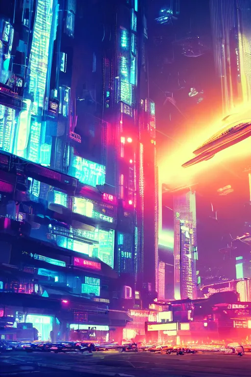 Image similar to cyberpunk city with a flight vehicle glowing in the sky, neon sign, cinematic composition, wide shot, bladerunner, digital illustration, concept art