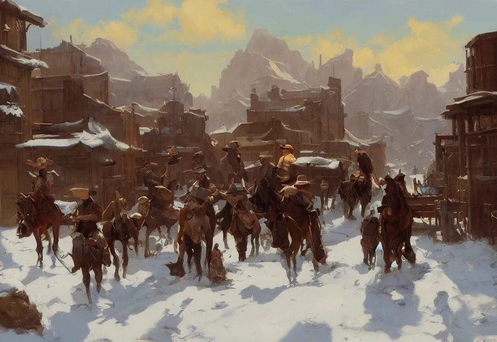 Prompt: greg manchess painting of a wild west town landscape with no person nor horse in the painting only buildings in the year 1 8 5 0, in winter, painting, trending on artstation, by huang guangjian and gil elvgren and sachin teng