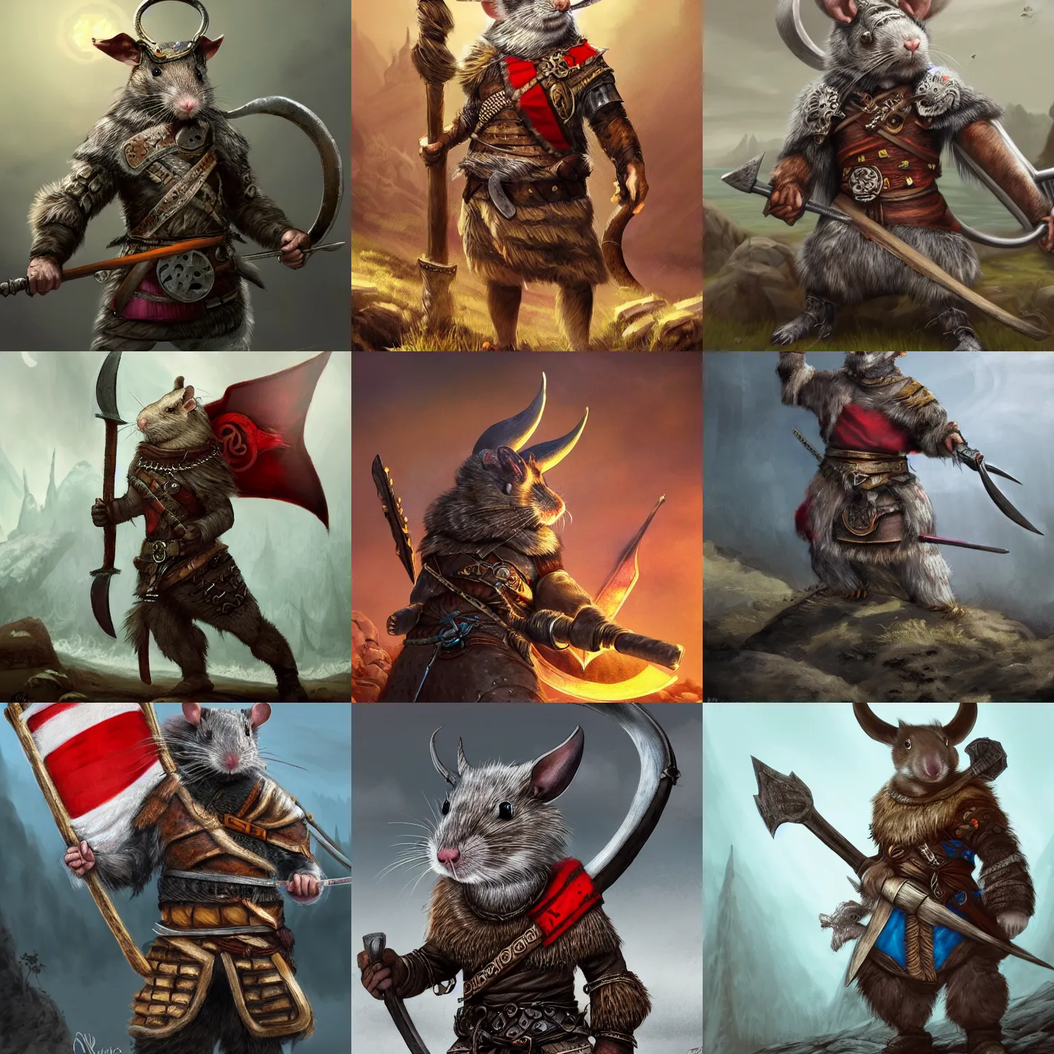 Prompt: a rat dressed as a viking warrior, flag of norway in the background, fantasy art, lifelike, rat man, digital art, trending on artstation, epic scenery