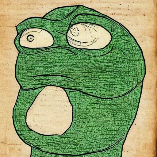 Image similar to ancient manuscript of pepe the frog on papyrus paper, ancient color illustrated, 30BC