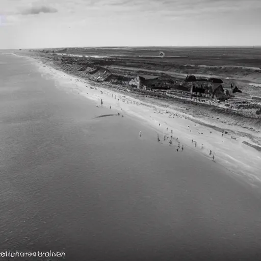 Prompt: a drone shot of Normany beach, D-Day, WW2, battle, aerial view, photograph, photorealistic, detailed, sharp image, 8k SDR, award-winning, beautiful,