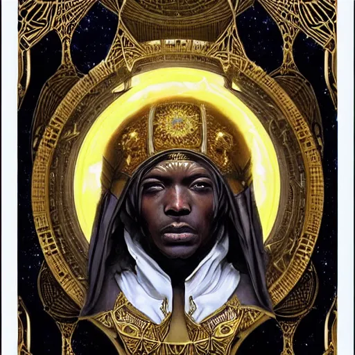 Image similar to symmetry!! an african moor wearing white robes and turban entering the voidspace. ornate, golden, steampunk stargate. front game card. marvel comics. dark. intricate. highly detailed. smooth. artstation. digital illustration by ruan jia, mandy jurgens, artgerm, wayne barlowe, greg rutkowski, and zdislaw beksinsk.