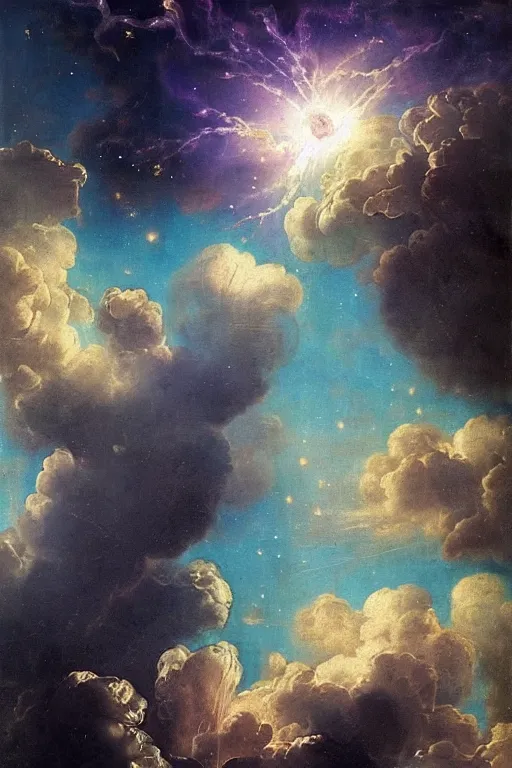 Image similar to intricate beautiful blue, black and purple papaver flower, nebula in the sky, 1 7 th century, matte painting, renaissance painting