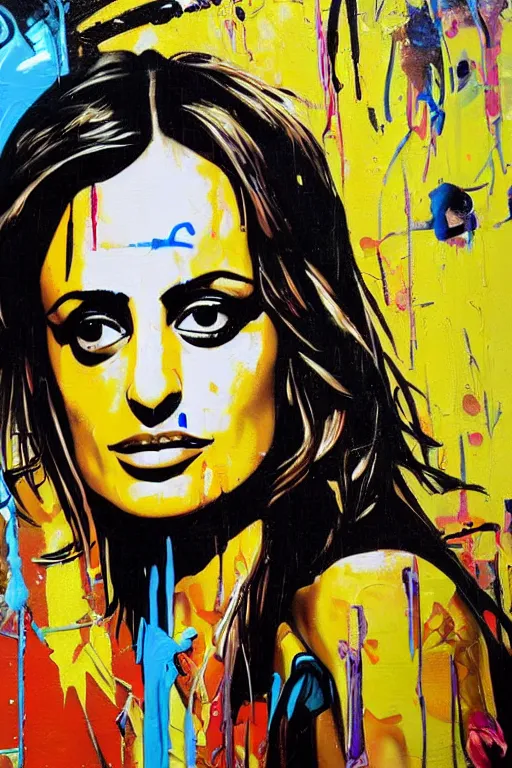 Image similar to oil painting, portrait of penelope cruz, wall with graffiti, splash painting, by bansky