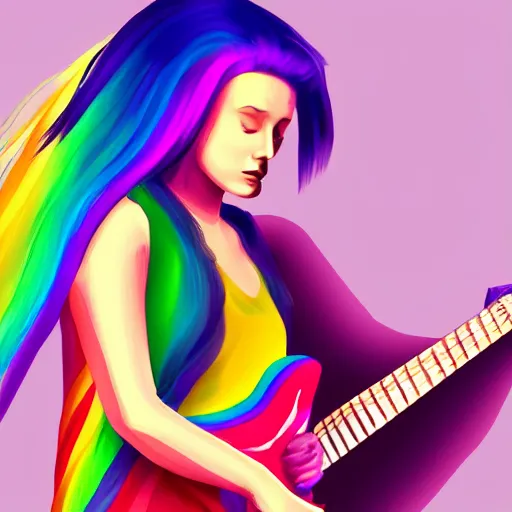 Image similar to woman with rainbow coloured hair playing guitar at the edge of reality, concept art, high quality, moody, colourful