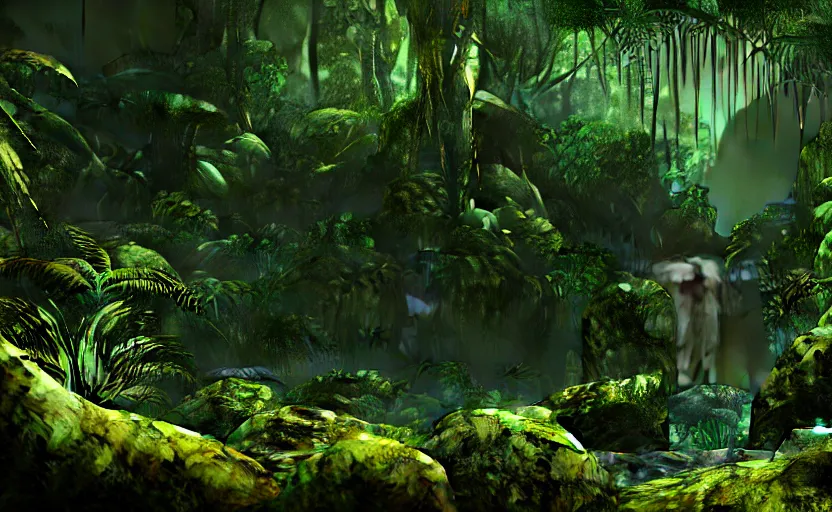 Prompt: a beautiful render of a dark prehistoric rainforest, lush flora, patches of yellow sky, dark green leaves, dark shadows, mountains and a waterfall in the background, intricate detail, hazy, humid, volumetric lighting, 8 k, photorealistic, raytracing effects, unreal engine 5