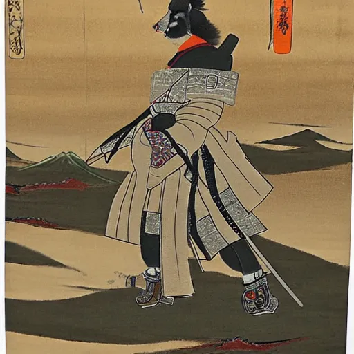 Prompt: Japanese painting of a dog samurai in full armor on q battlefield background