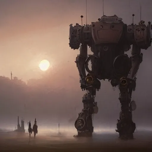 Image similar to gigantic steampunk mecha walking, dense fog,, sunset, trending on artstation, jakub rozalski