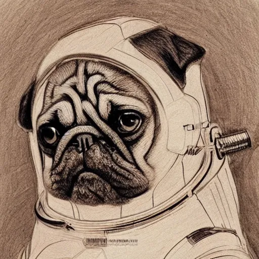 Image similar to pencil art, golden - ratio, spirals, highly detailed, astronaut pug in outer space by davinci.