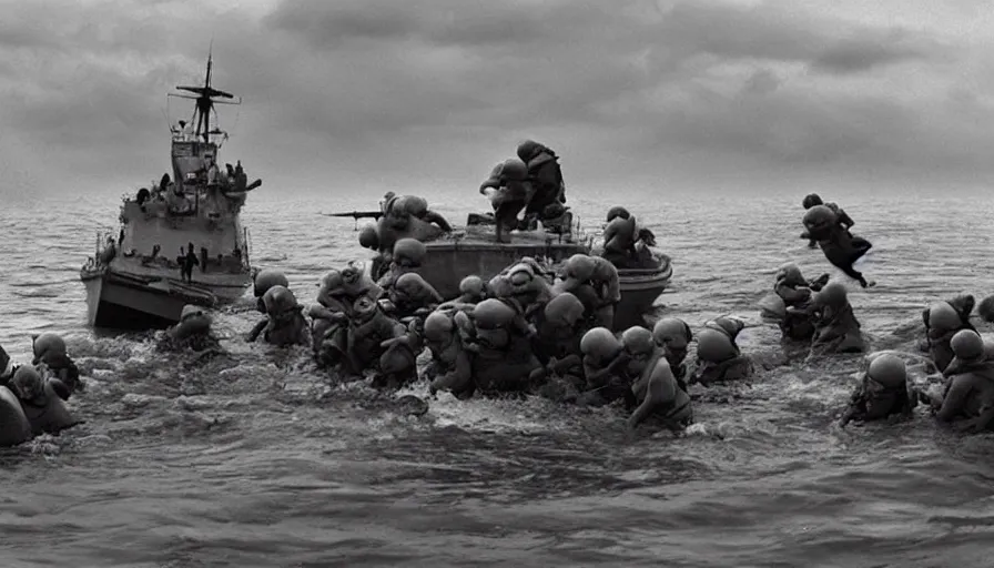 Image similar to “minions jumping out of boat into water on D-Day, 4k, cinematic, award winning”