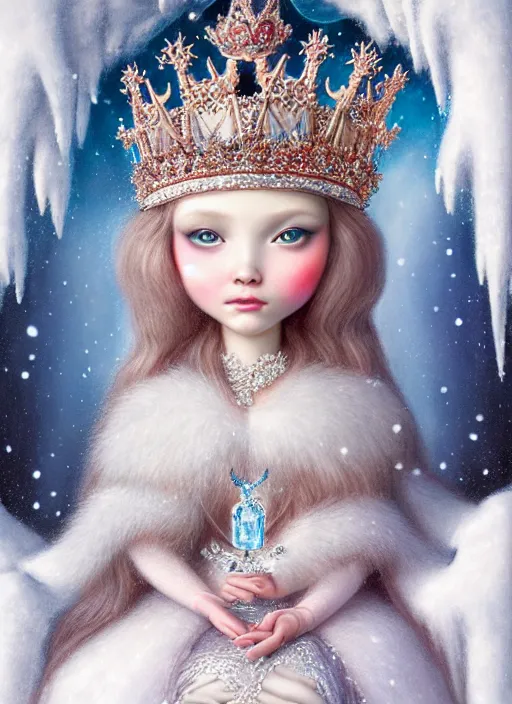 Image similar to highly detailed closeup portrait of a snow, ice princess wearing a crown and sitting on a throne, nicoletta ceccoli, mark ryden, lostfish, earl nore, global illumination, god rays, detailed and intricate environment