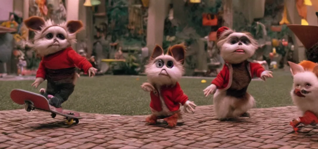 Prompt: mogwai gizmo and rufio skateboarding inside a cereal bowl, movie still, 8 k, hd, from the new honey i shrunk the kids movie