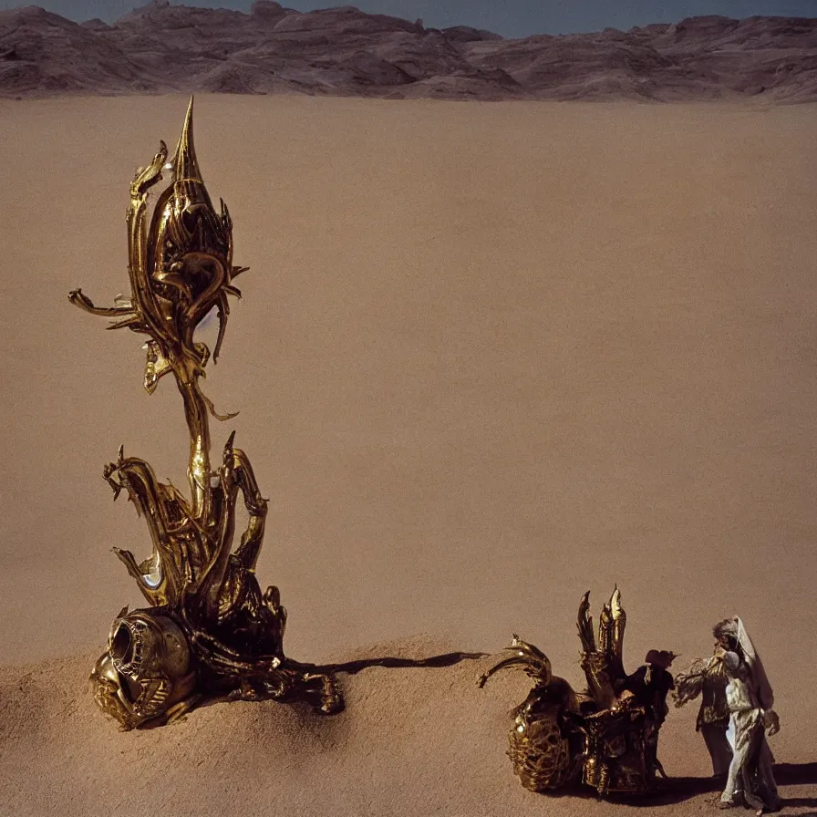 Image similar to salvador dali wearing a golden horned crown and jewels in a dry sand desert landscape, alien spaceship by giger in the landscape, film still from the movie by alejandro jodorowsky with cinematogrophy of christopher doyle and art direction by hans giger, anamorphic lens, kodakchrome, very detailed photo, 8 k