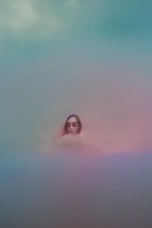 Image similar to high quality pastel coloured film close up wide angle photograph of a model wearing clothing swimming on cloud furniture in a icelandic black rock!! environment in a partially haze filled dreamstate world. three point light, rainbow. photographic production. art directed. pastel colours. volumetric clouds. pastel gradient overlay. waves glitch artefacts. extreme facial clarity. 8 k. filmic.