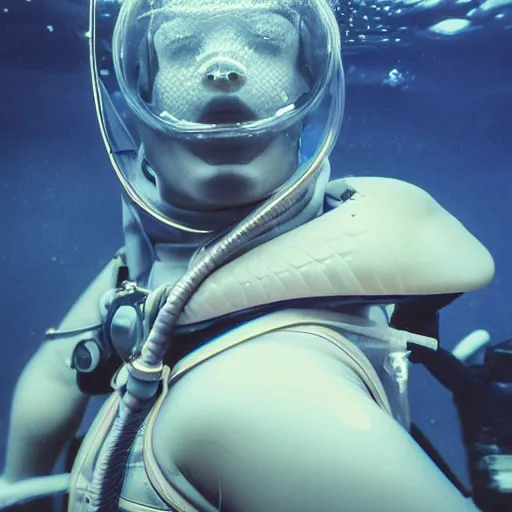 Prompt: beautiful extreme closeup portrait photo in style of frontiers in human deep diving helmet science fashion magazine retrofuturism underwater edition, highly detailed, focus on face, soft lighting