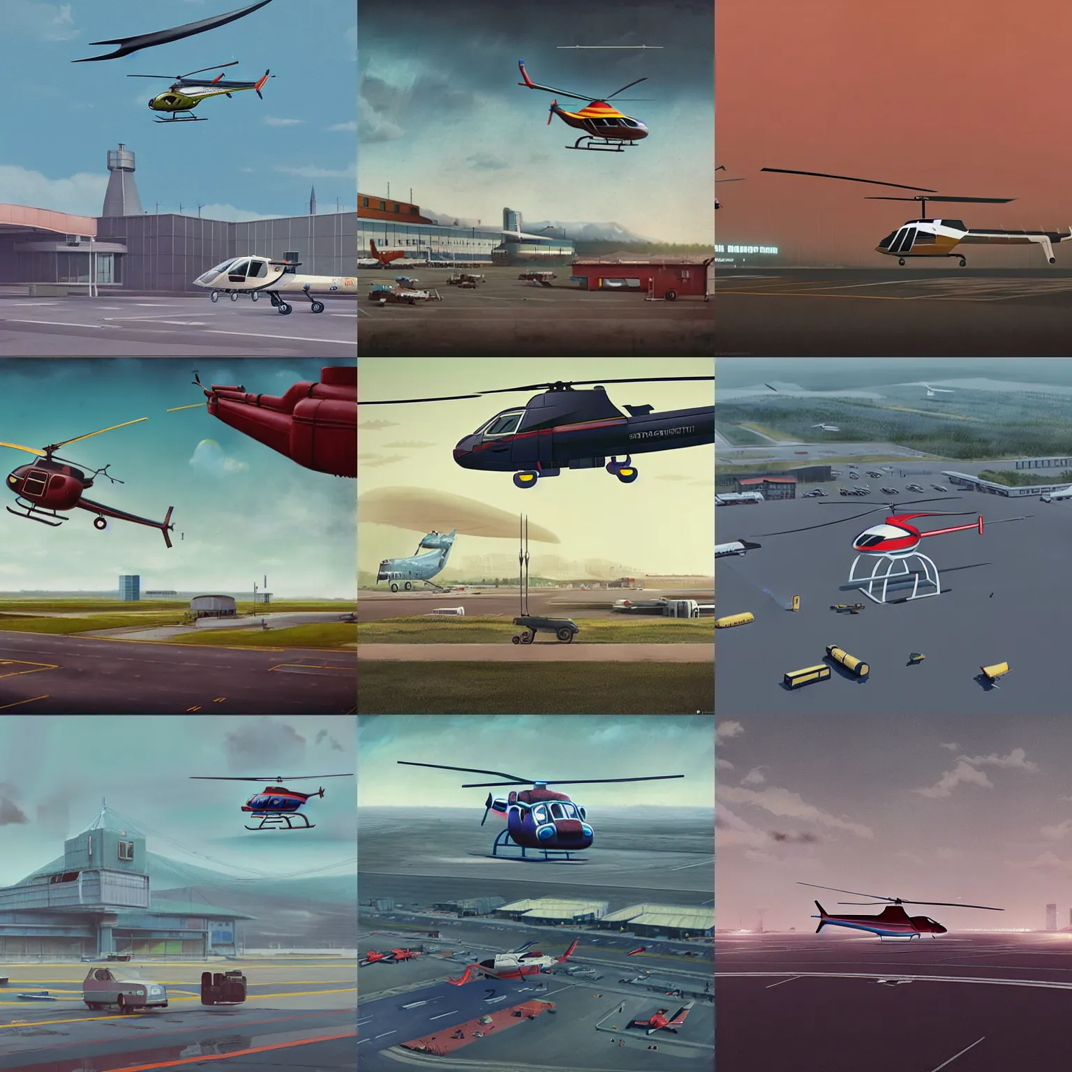 Prompt: a helicopter sitting on top of an airport tarmac, a matte painting by Simon Stalenhag, trending on cg society, retrofuturism, matte painting, matte drawing, cinematic view