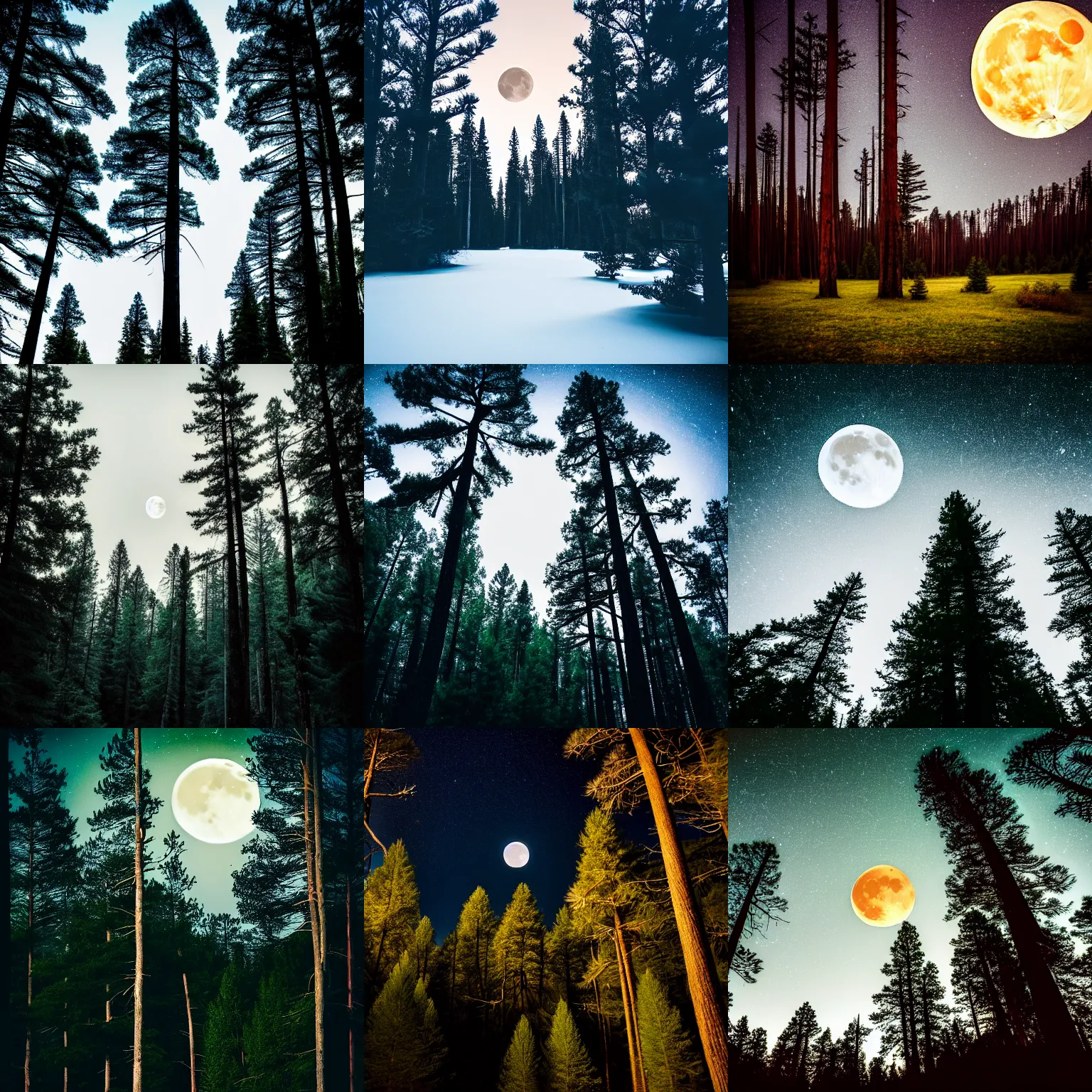 Prompt: a landscape photograph of very tall pine trees in a forest, midnight, full moon, landscape photography, dramatic lighting, wide aperture