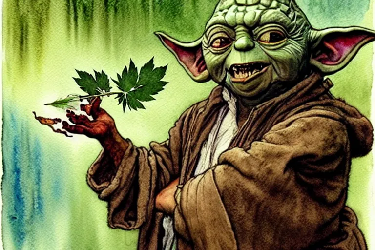 Image similar to a realistic and atmospheric watercolour fantasy character concept art portrait of yoda with bloodshot eyes laughing holding a blunt with a pot leaf nearby, by rebecca guay, michael kaluta, charles vess and jean moebius giraud