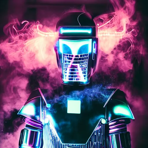 Prompt: photo of a futuristic knight cyberpunk, realistic, neon light, smoke, detailed