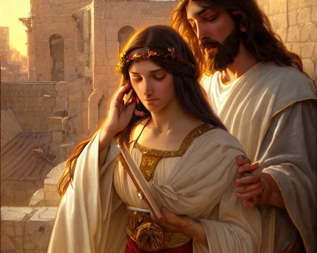 Image similar to photography of jesus coupling with a women in jerusalem, deep focus, intricate, elegant, highly detailed, digital painting, artstation, concept art, matte, sharp focus, illustration, art by artgerm and greg rutkowski and alphonse mucha