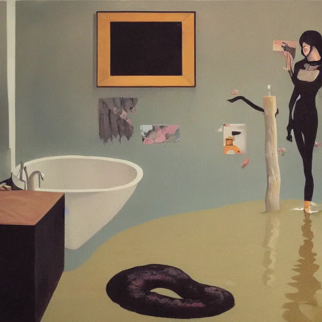 Image similar to tall female emo artist in her flooded bathroom, water gushing from ceiling, painting of flood waters inside an artist's bathroom, a river flooding indoors, pomegranates, pigs, ikebana, water, octopus, river, rapids, waterfall, black swans, canoe, berries, acrylic on canvas, surrealist, by magritte and monet