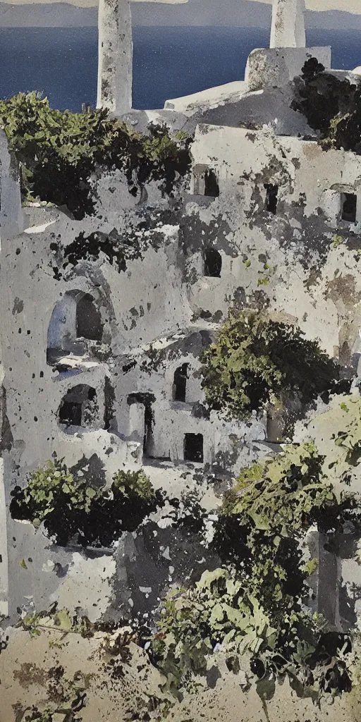 Image similar to overgrown ruins of santorini, painting by ashley wood